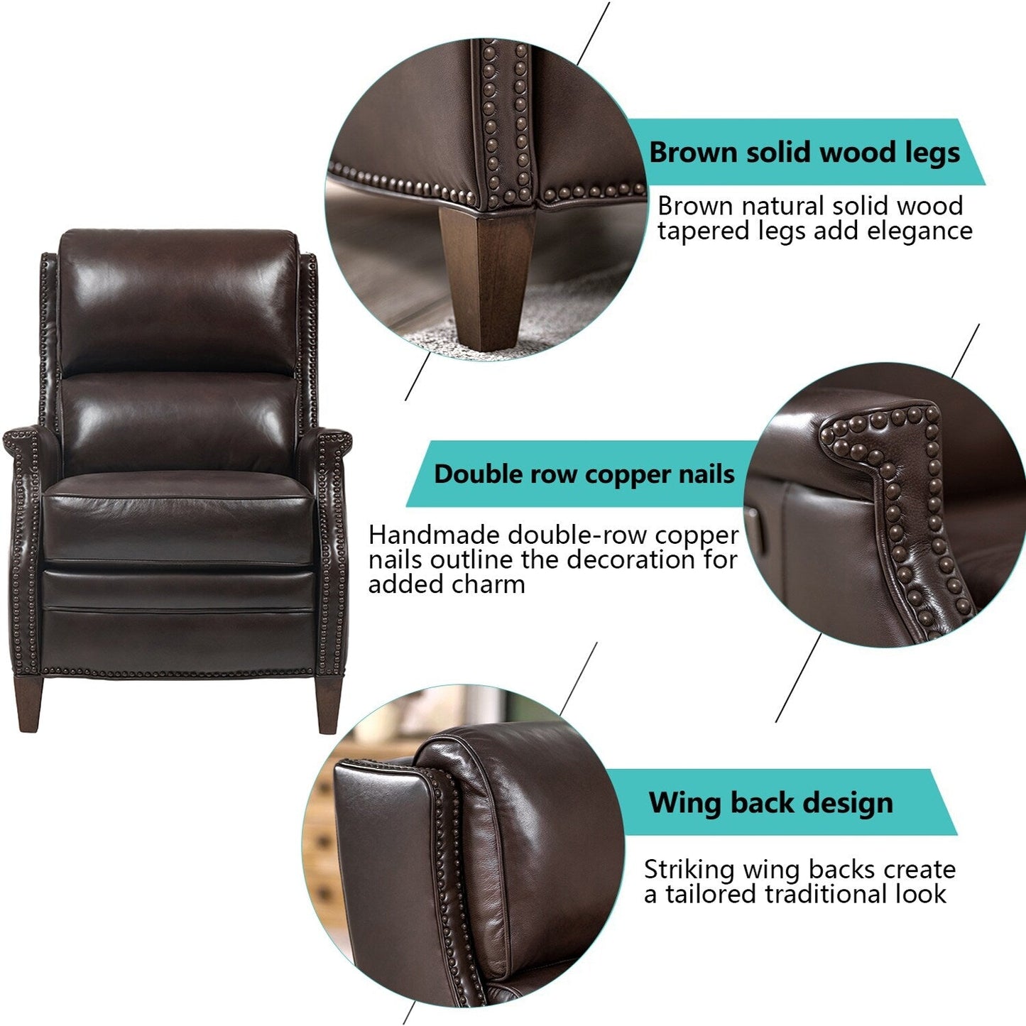 Poltrona reclinabile elettrica Hekkin in vera pelle con poggiatesta regolabile e porta USB, seduta ultra comoda per il soggiorno