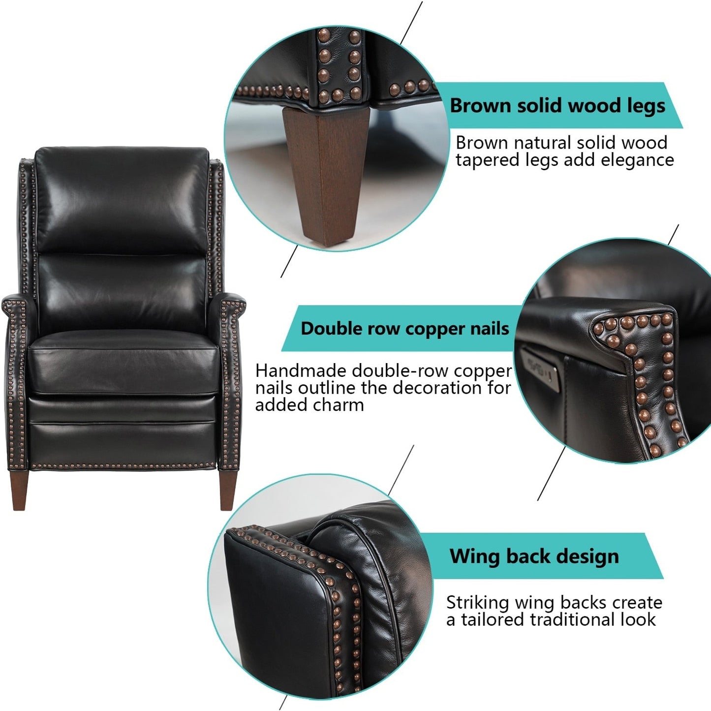 Poltrona reclinabile elettrica Hekkin in vera pelle con poggiatesta regolabile e porta USB, seduta ultra comoda per il soggiorno