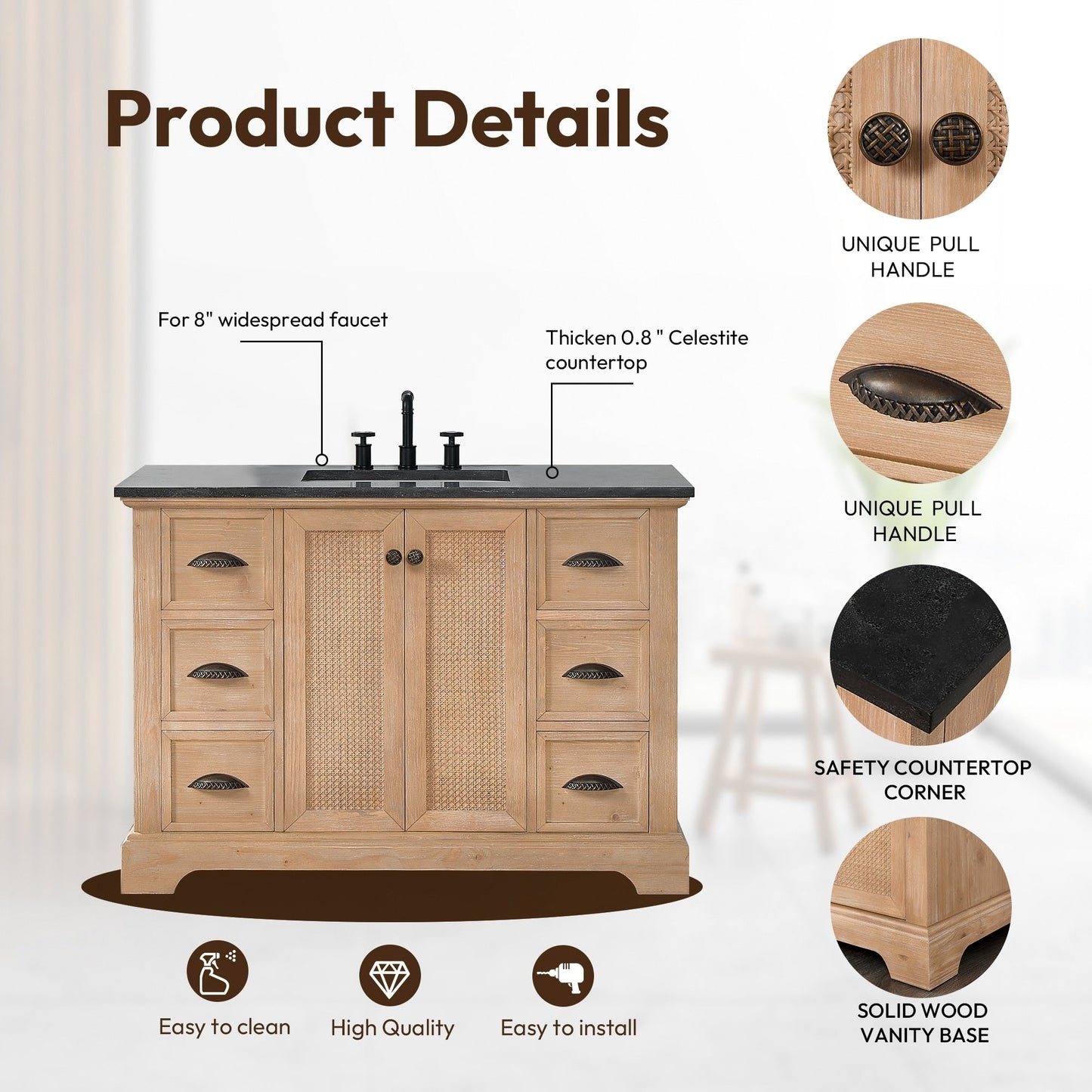 Mobile da bagno Hervas con piano in marmo naturale senza specchio