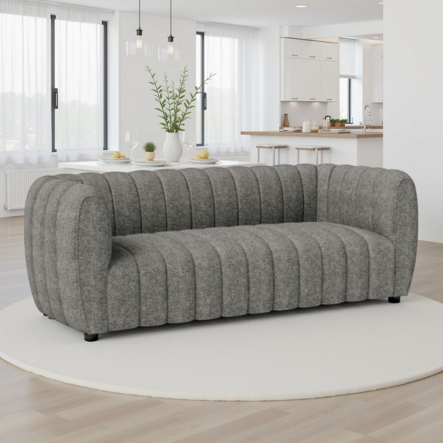 Divano Hery, 23 pollici, grigio bouclé, dettagli trapuntati a canale verticale