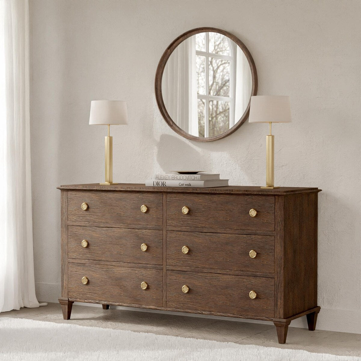 Specchio da parete rotondo classico in stile fattoria con cornice in legno