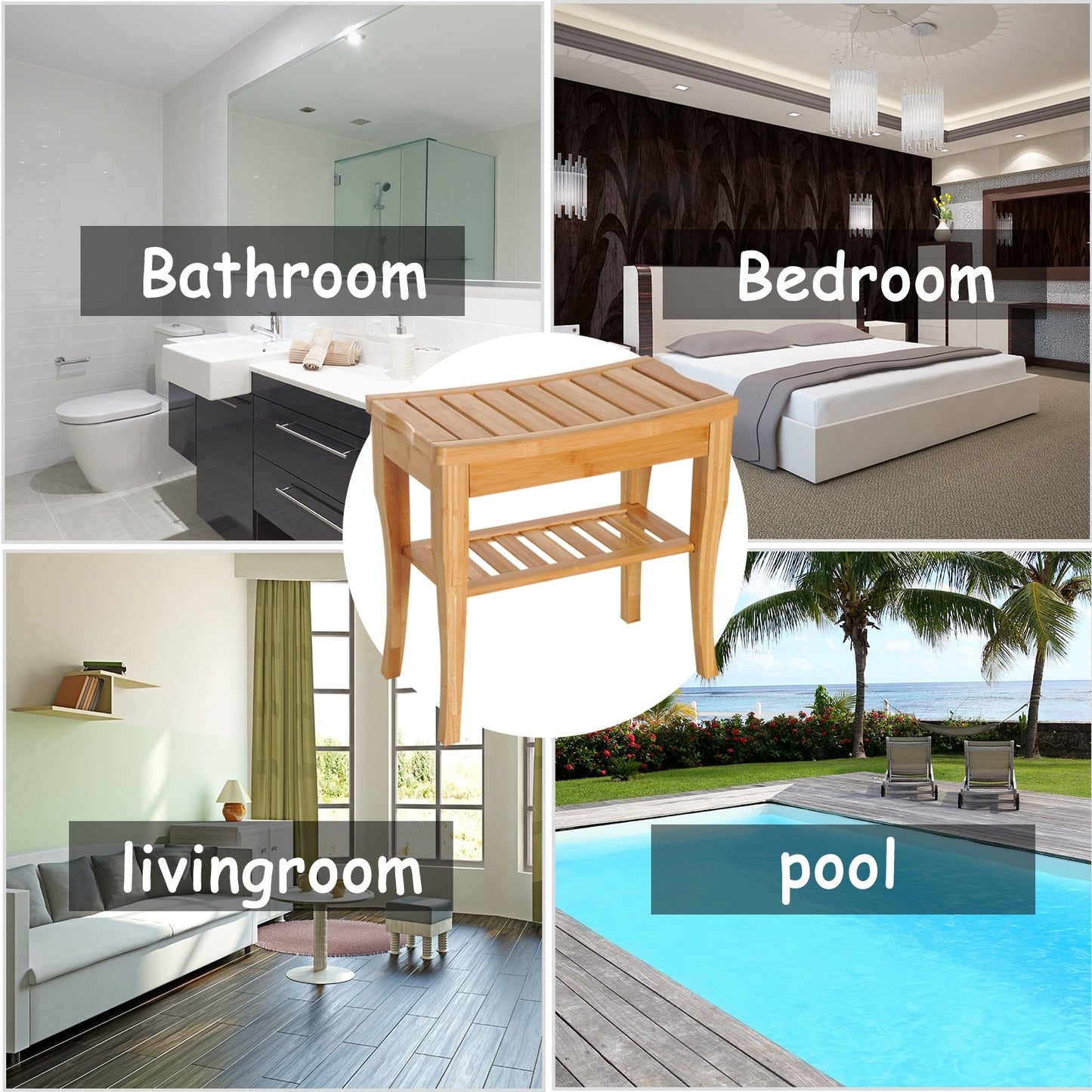 HomCom 20 Sedile per doccia in legno di bambù lungo con ripiano inferiore - 10,25*19,75*17,5