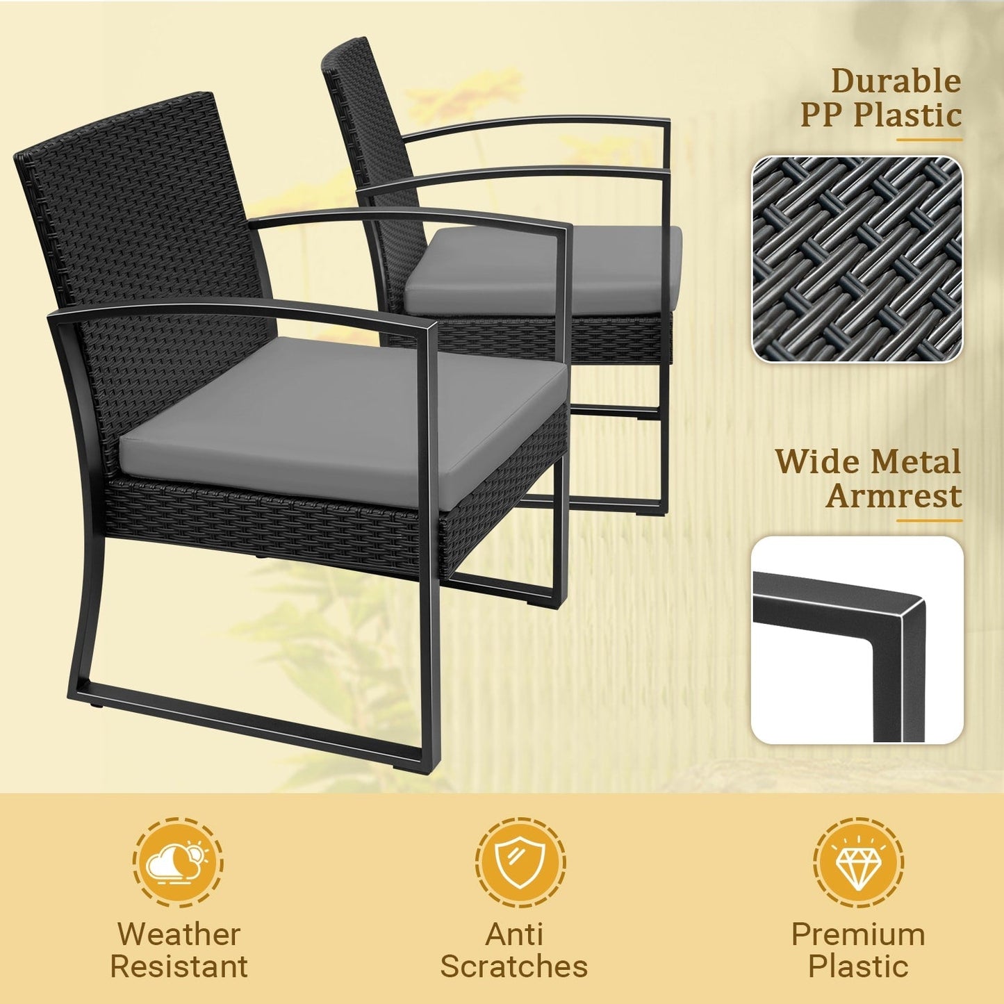 Homall Set da bistrot da esterno in plastica da 3 pezzi, set da conversazione per patio con cuscino e tavolo