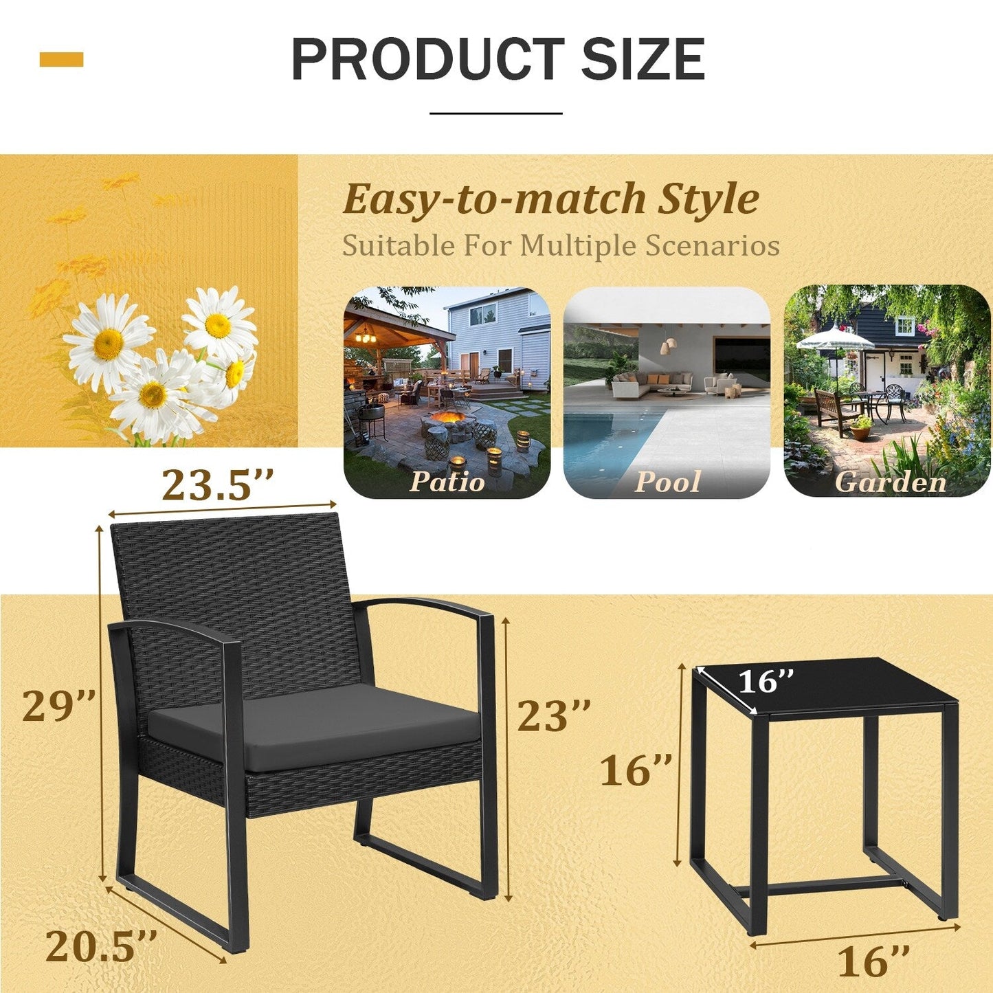 Homall Set da bistrot da esterno in plastica da 3 pezzi, set da conversazione per patio con cuscino e tavolo