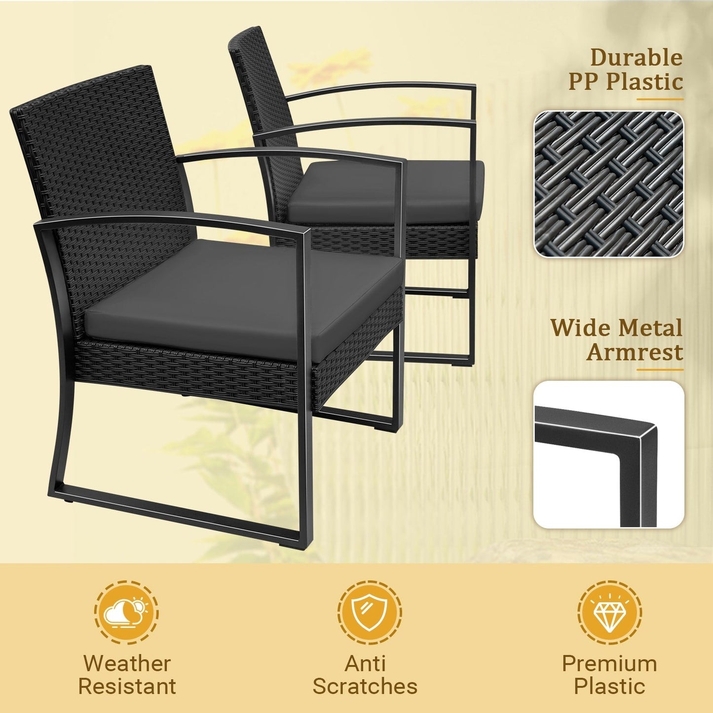 Homall Set da bistrot da esterno in plastica da 3 pezzi, set da conversazione per patio con cuscino e tavolo