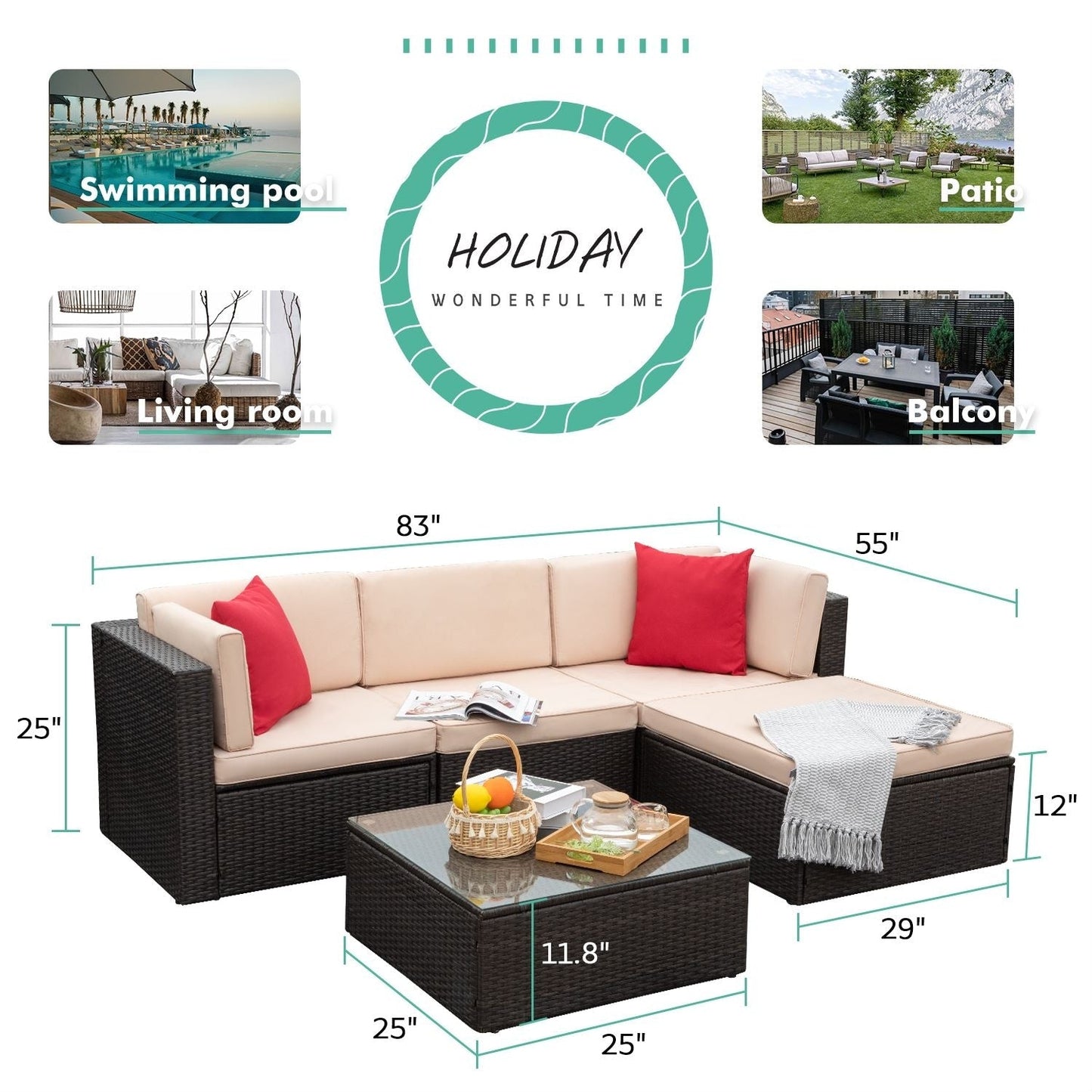 Homall 5 pezzi set di mobili da giardino in vimini divano componibile per esterni in rattan