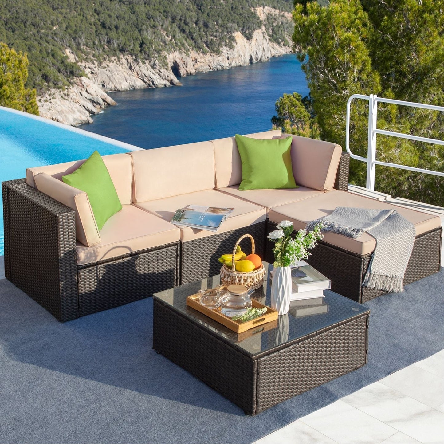 Homall 5 pezzi set di mobili da giardino in vimini divano componibile per esterni in rattan