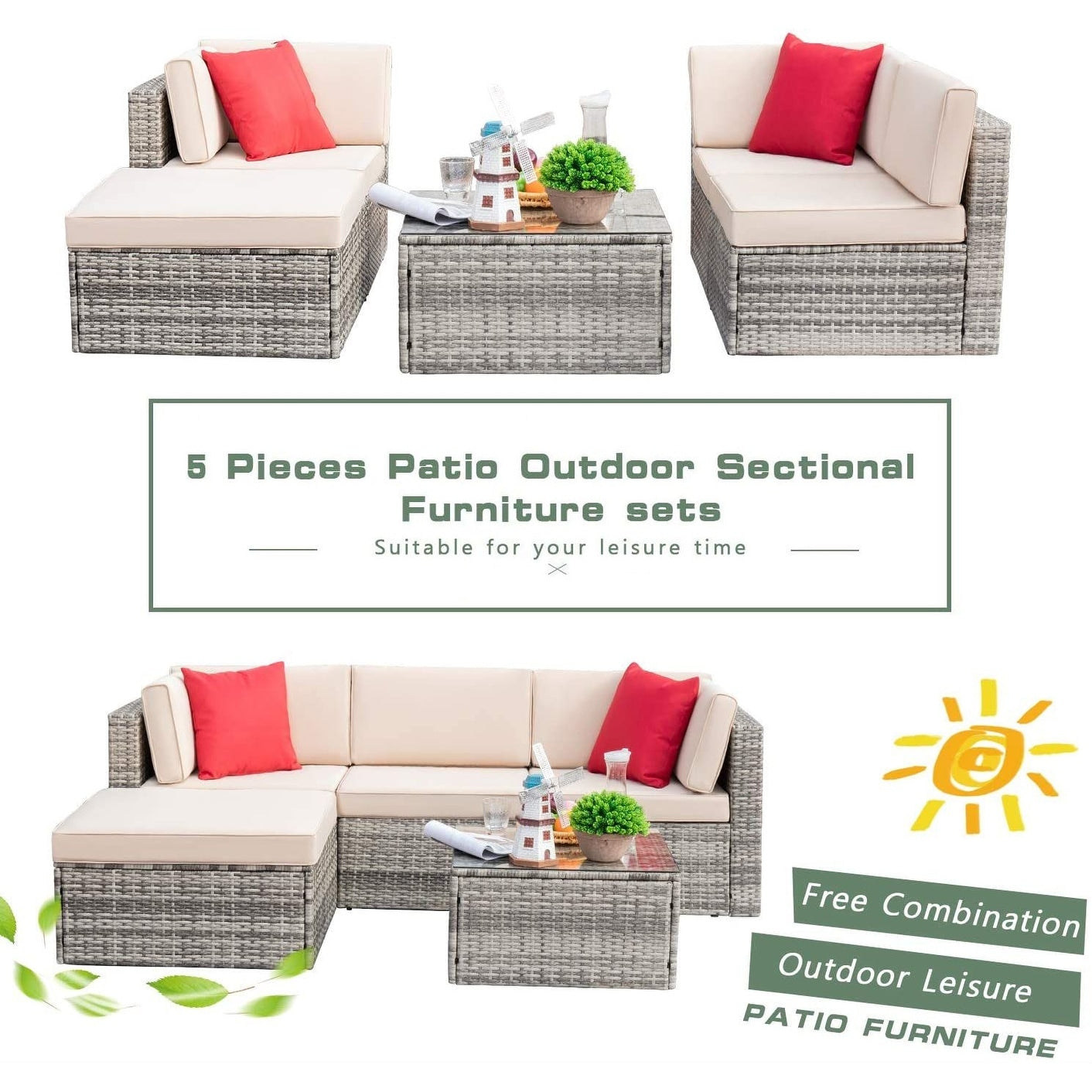 Homall 5 pezzi set di mobili da giardino in vimini divano componibile per esterni in rattan
