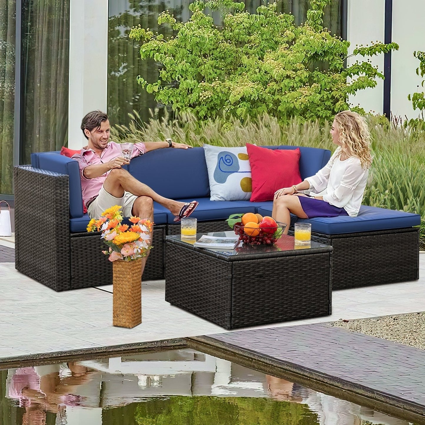 Homall 5 pezzi set di mobili da giardino in vimini divano componibile per esterni in rattan