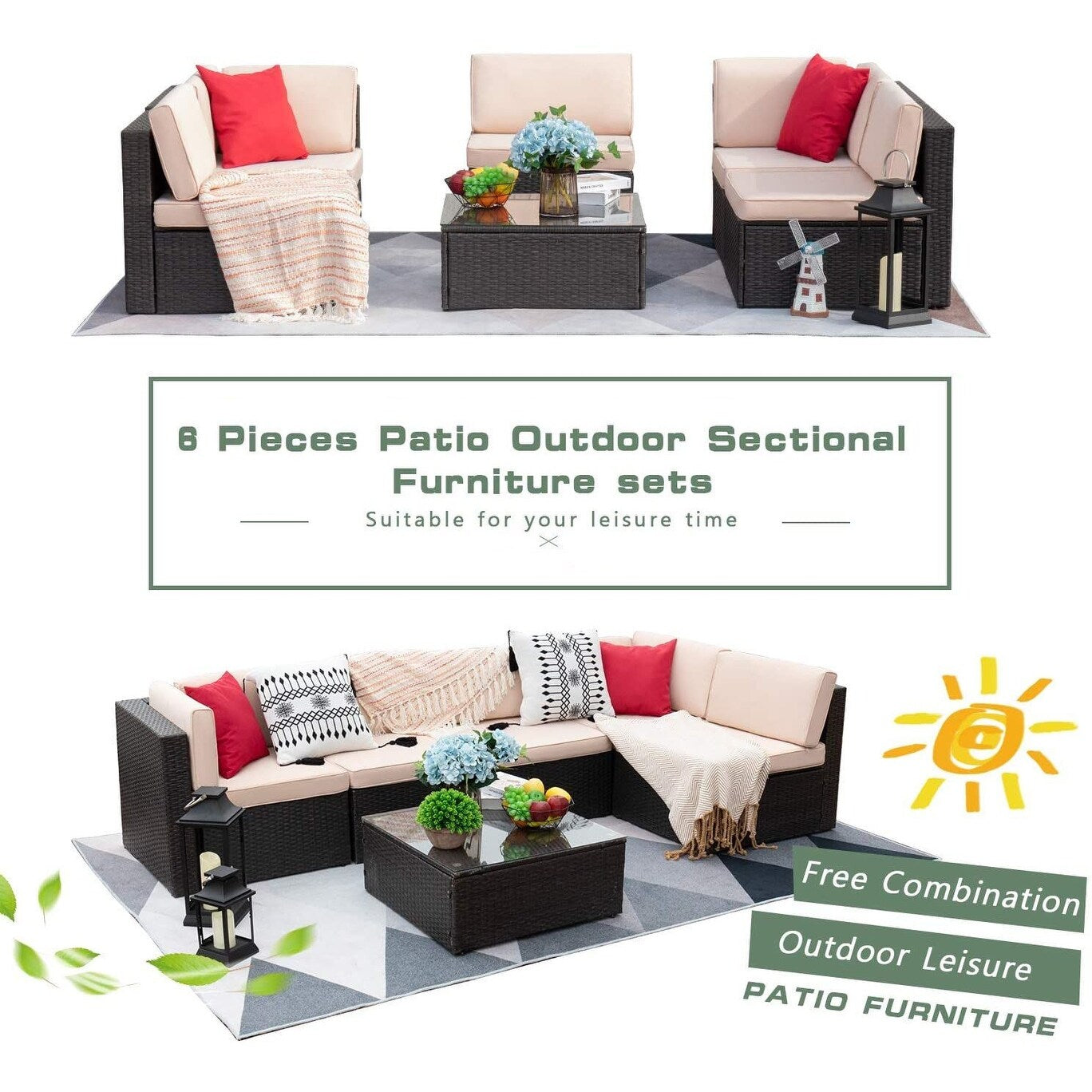 Homall 6 pezzi set di mobili da giardino divano componibile per esterni in rattan intrecciato manualmente set da conversazione per patio