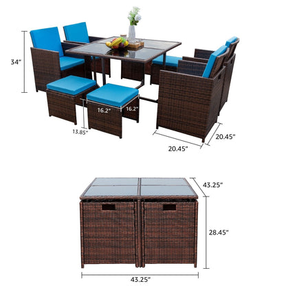 Homall 9 pezzi set da pranzo per patio sedie in rattan salvaspazio per esterni con tavolo in vetro set da conversazione componibile con cuscini