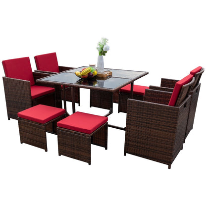 Homall 9 pezzi set da pranzo per patio sedie in rattan salvaspazio per esterni con tavolo in vetro set da conversazione componibile con cuscini