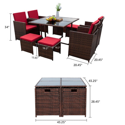 Homall 9 pezzi set da pranzo per patio sedie in rattan salvaspazio per esterni con tavolo in vetro set da conversazione componibile con cuscini