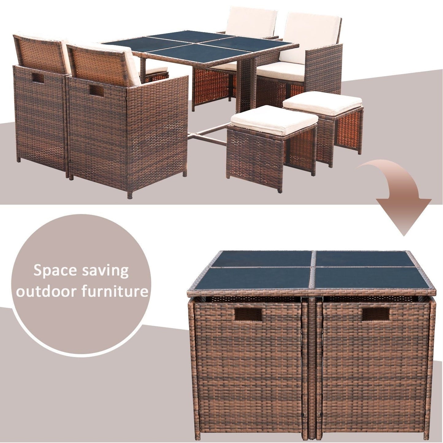 Homall 9 pezzi set da pranzo per patio sedie in rattan salvaspazio per esterni con tavolo in vetro set da conversazione componibile con cuscini