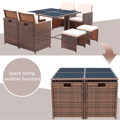 Homall 9 pezzi set da pranzo per patio sedie in rattan salvaspazio per esterni con tavolo in vetro set da conversazione componibile con cuscini