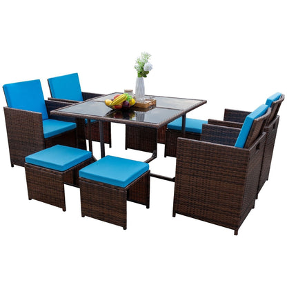 Homall 9 pezzi set da pranzo per patio sedie in rattan salvaspazio per esterni con tavolo in vetro set da conversazione componibile con cuscini