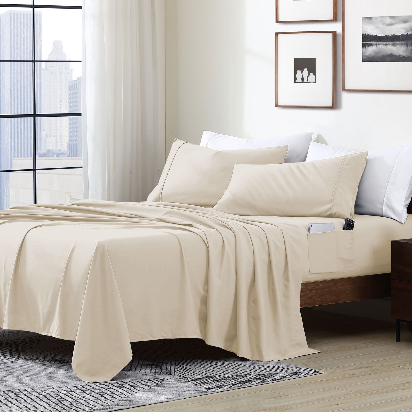 Home Essential Soft Microfibra Smart Sheet Storage Pocket Bedding Set di lenzuola