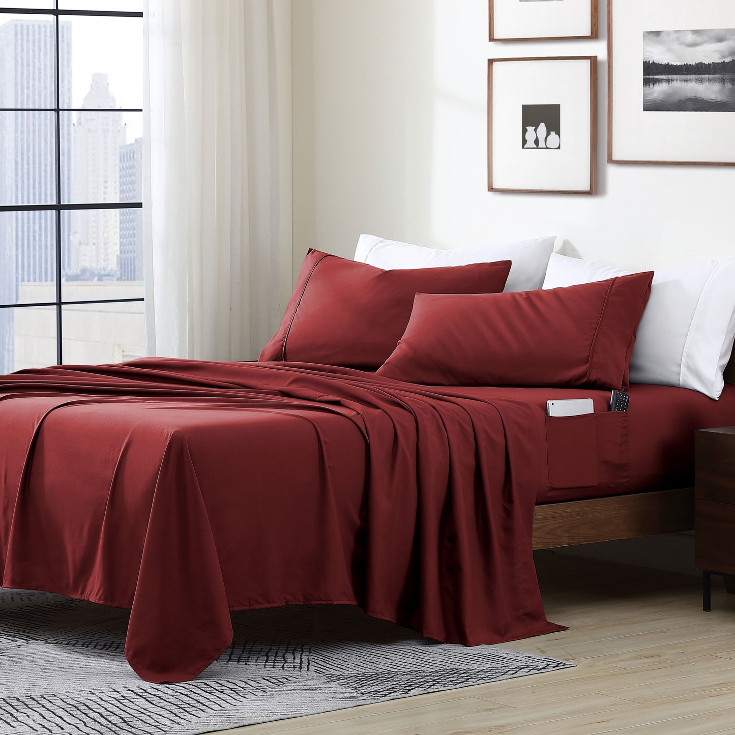 Home Essential Soft Microfibra Smart Sheet Storage Pocket Bedding Set di lenzuola