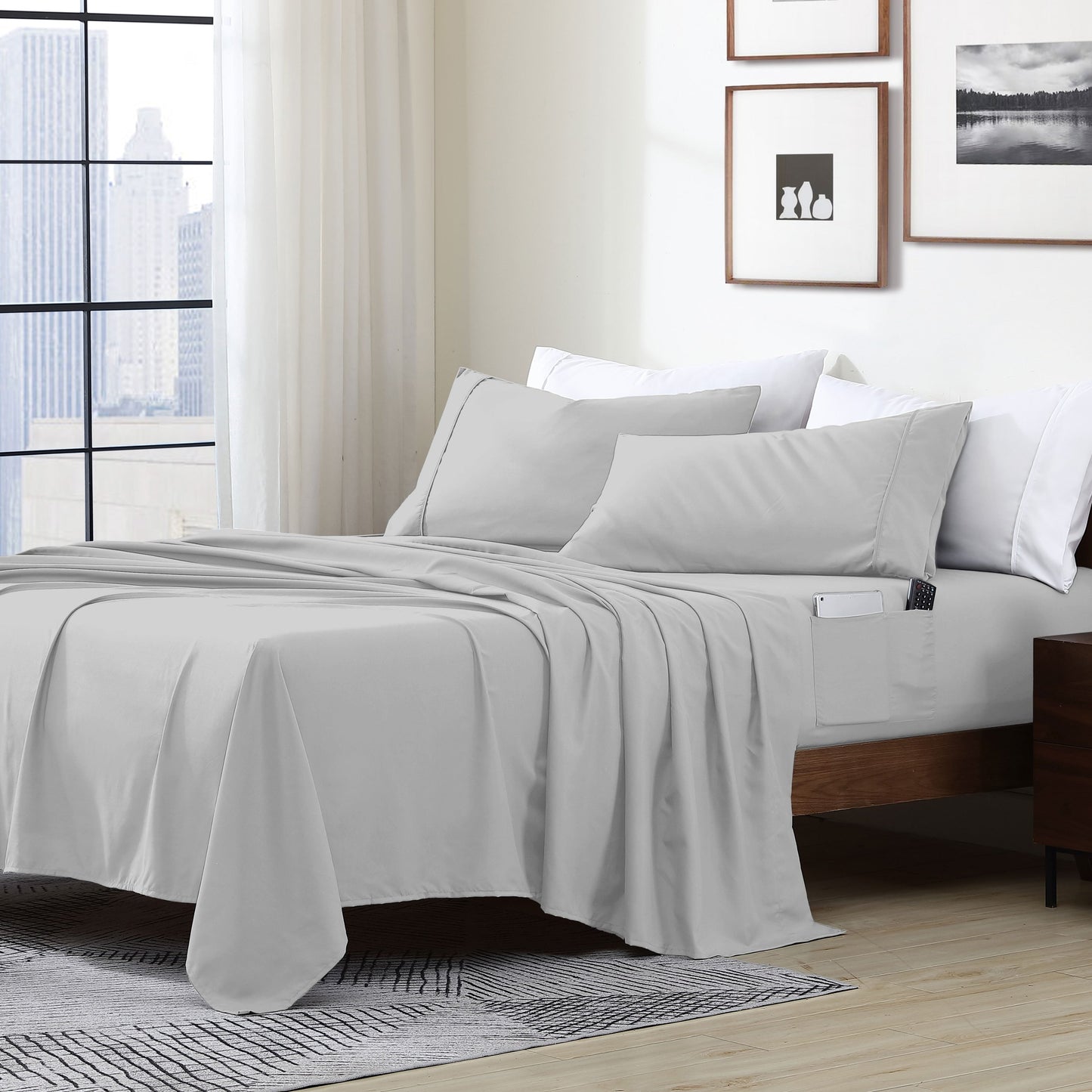 Home Essential Soft Microfibra Smart Sheet Storage Pocket Bedding Set di lenzuola