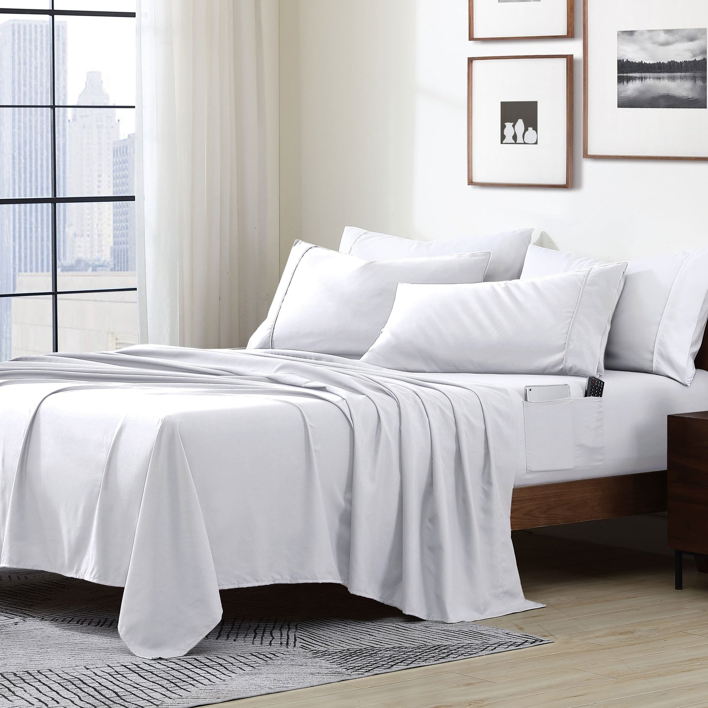 Home Essential Soft Microfibra Smart Sheet Storage Pocket Bedding Set di lenzuola