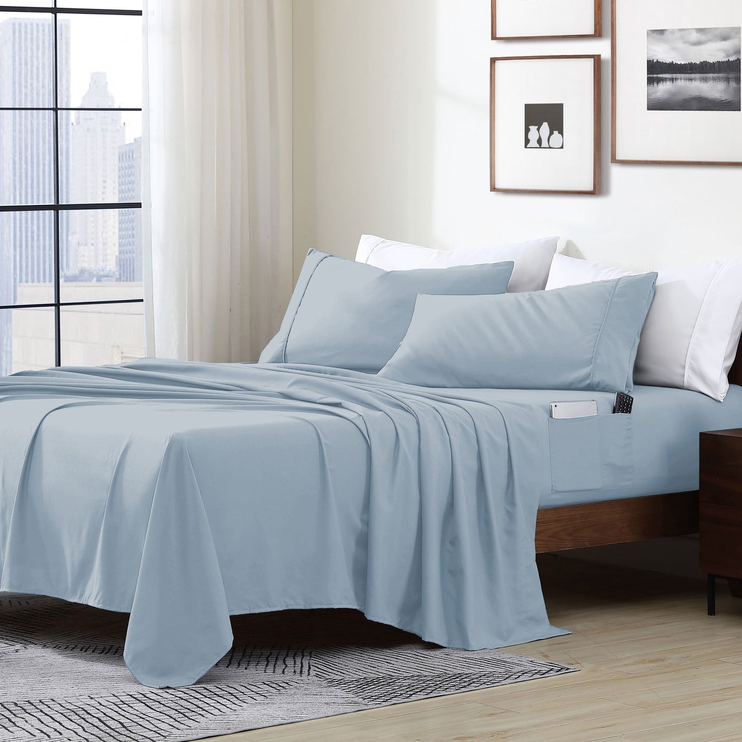 Home Essential Soft Microfibra Smart Sheet Storage Pocket Bedding Set di lenzuola