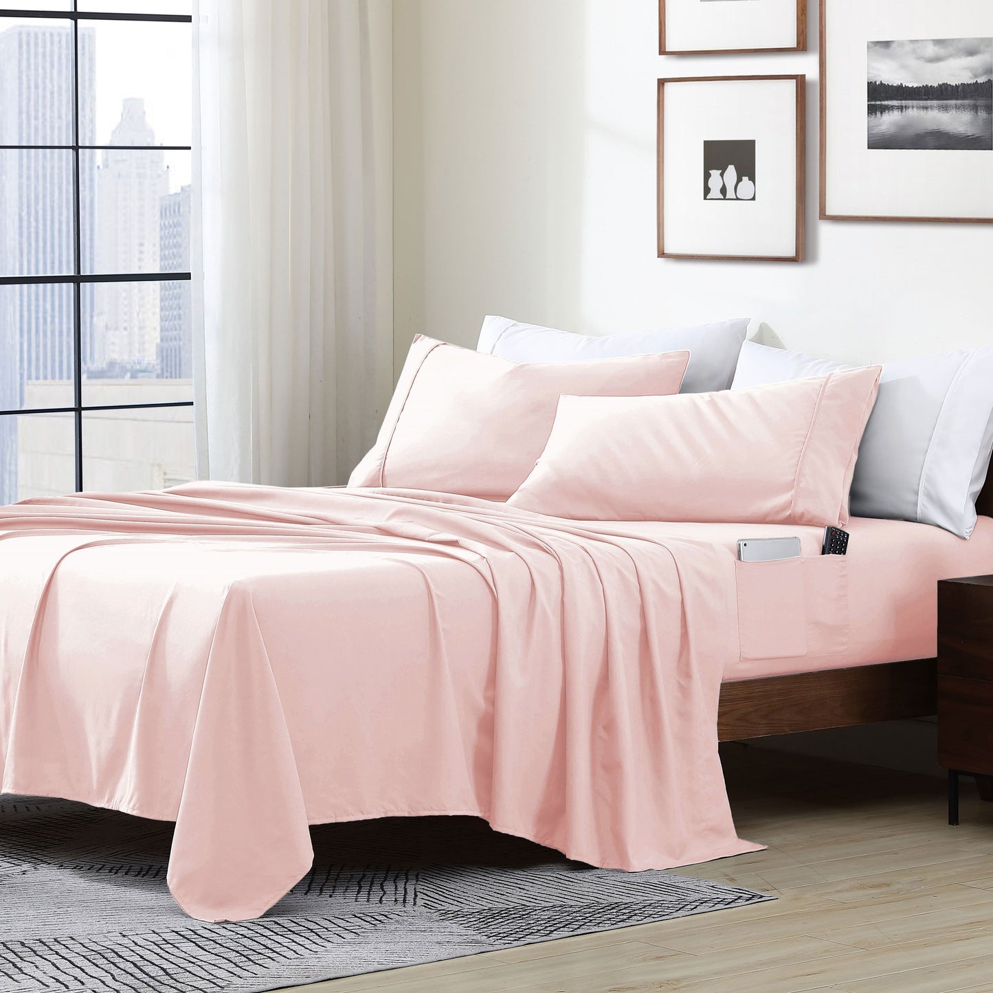 Home Essential Soft Microfibra Smart Sheet Storage Pocket Bedding Set di lenzuola