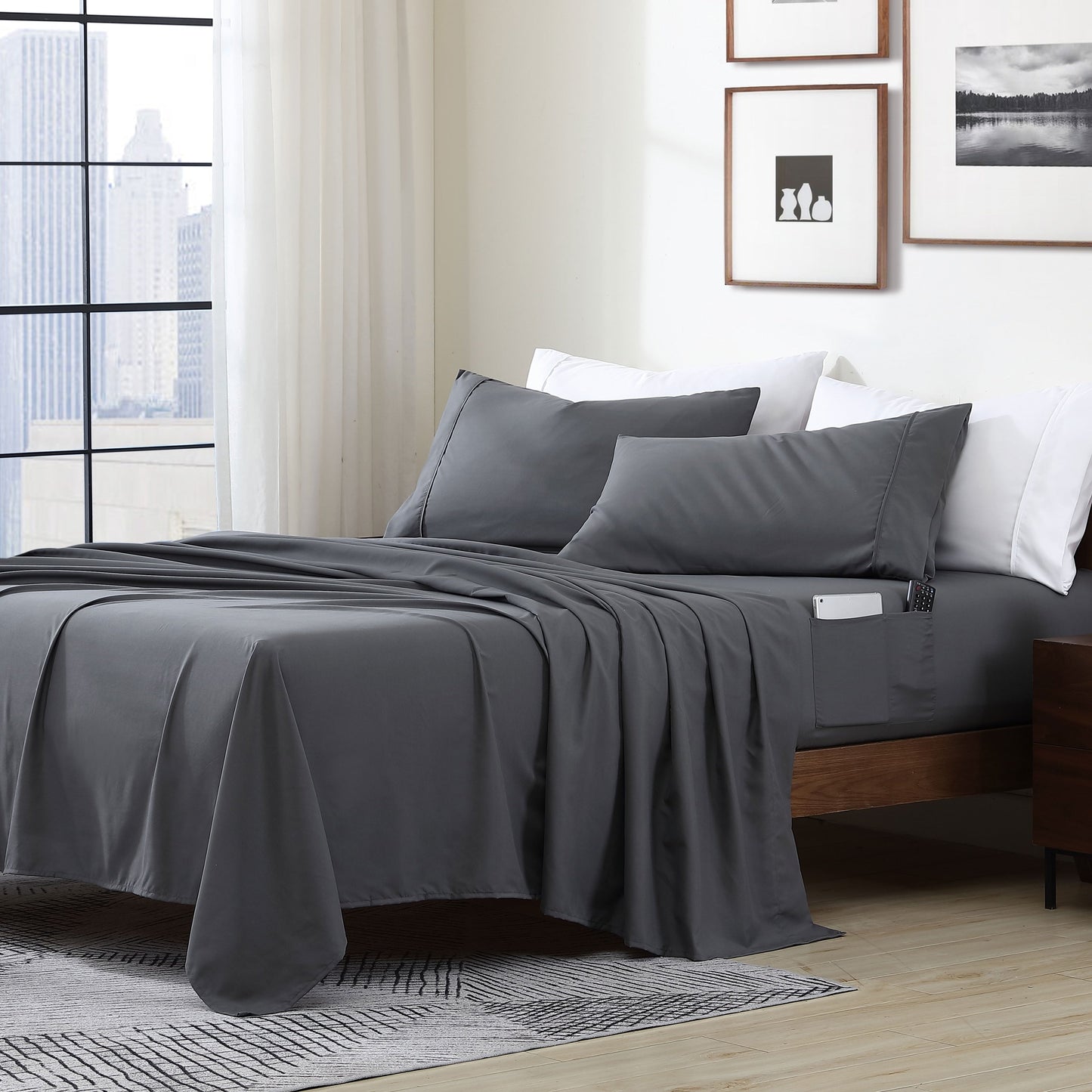 Home Essential Soft Microfibra Smart Sheet Storage Pocket Bedding Set di lenzuola