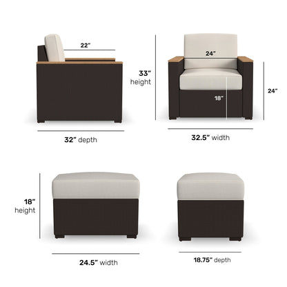 Set di 4 poltrone e pouf da esterno in rattan Palm Springs con cuscini di Homestyles