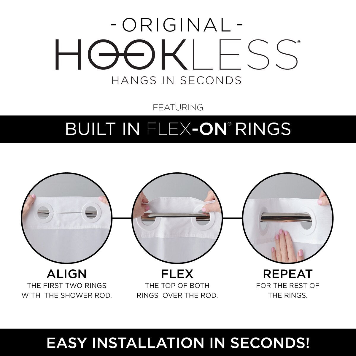 Tenda da doccia Hookless Escape 3 in 1 con finestra superiore trasparente, anelli Flex-on e fodera in tessuto