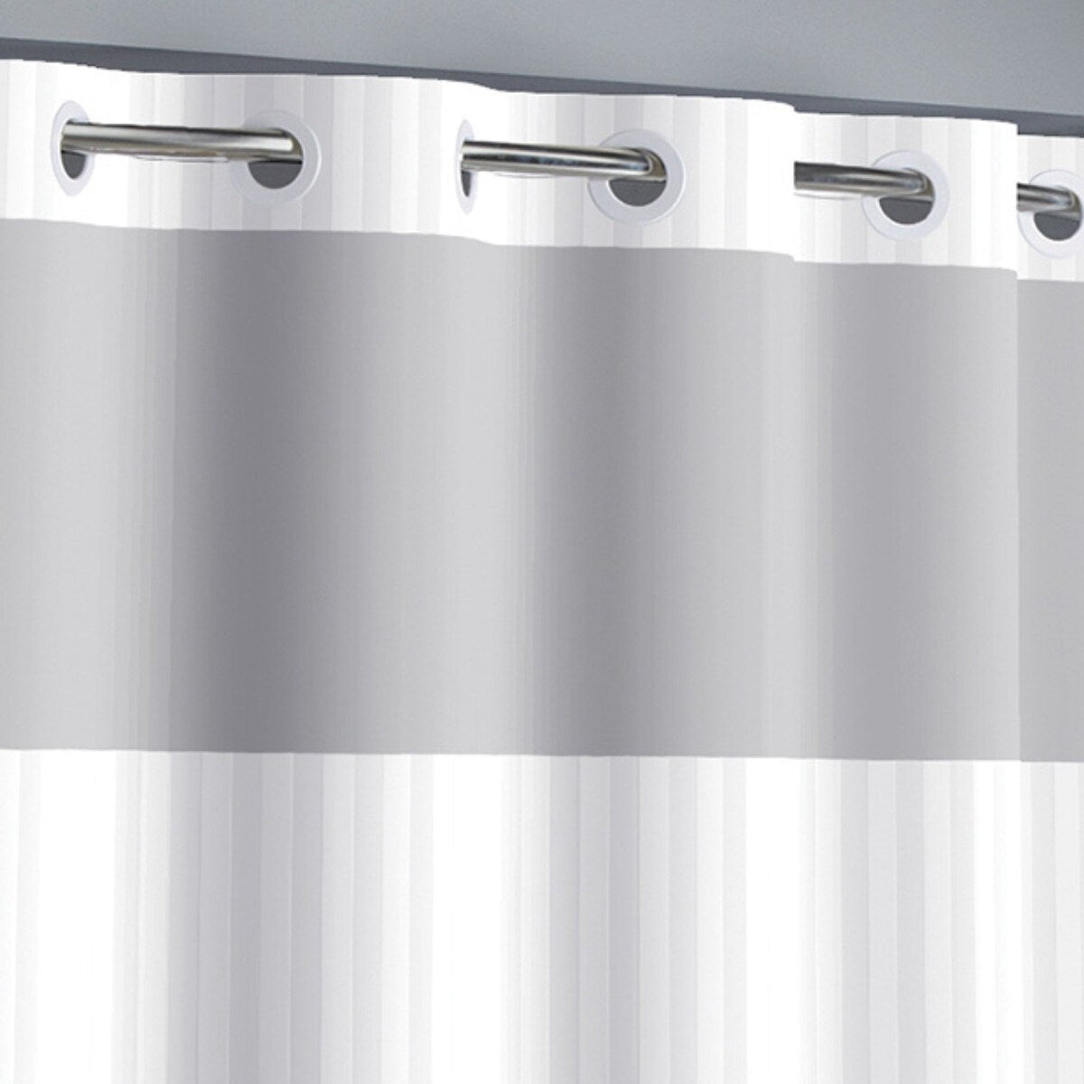 Tenda da doccia 3 in 1 a righe in raso senza ganci con finestra superiore trasparente, anelli flessibili e fodera in PEVA