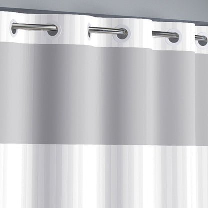 Tenda da doccia 3 in 1 a righe in raso senza ganci con finestra superiore trasparente, anelli flessibili e fodera in PEVA