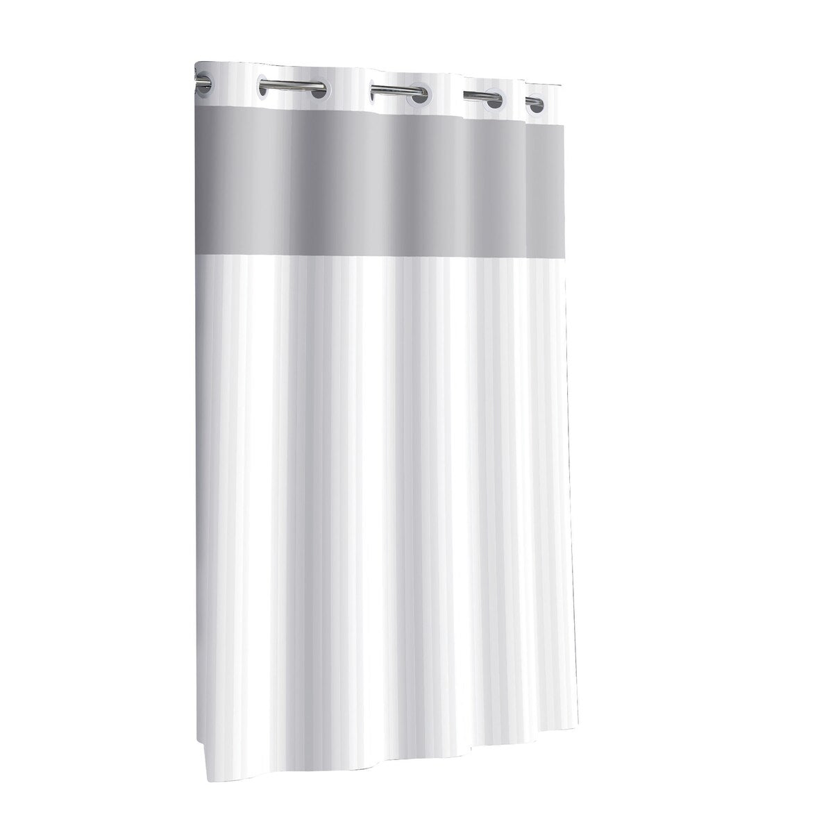 Tenda da doccia 3 in 1 a righe in raso senza ganci con finestra superiore trasparente, anelli flessibili e fodera in PEVA