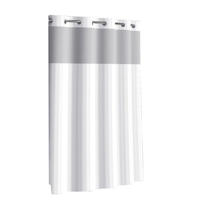 Tenda da doccia 3 in 1 a righe in raso senza ganci con finestra superiore trasparente, anelli flessibili e fodera in PEVA