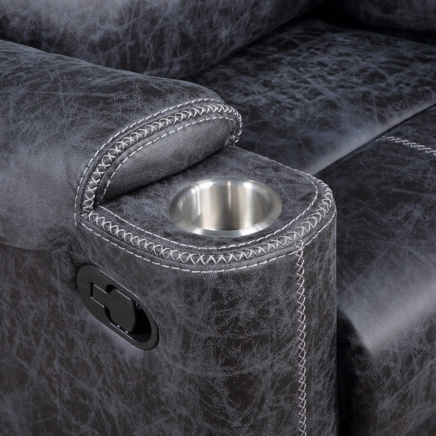 Poltrona reclinabile manuale Hori, microfibra grigio scuro, braccioli portabicchieri