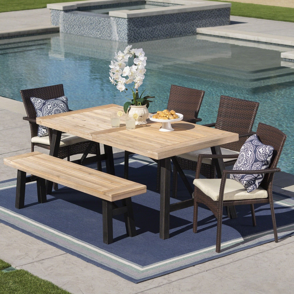 Set da pranzo rettangolare in vimini e legno Horton Outdoor da 6 pezzi con cuscini di Christopher Knight Home