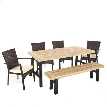 Set da pranzo rettangolare in vimini e legno Horton Outdoor da 6 pezzi con cuscini di Christopher Knight Home