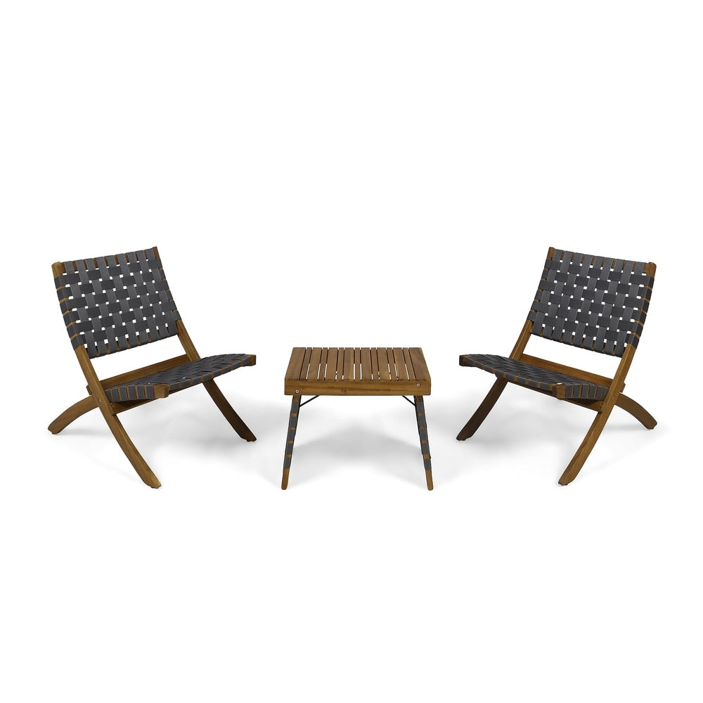 Set da salotto pieghevole Huntsville Outdoor da 2 posti in legno di acacia con dettagli in cintura di sicurezza di Christopher Knight Home