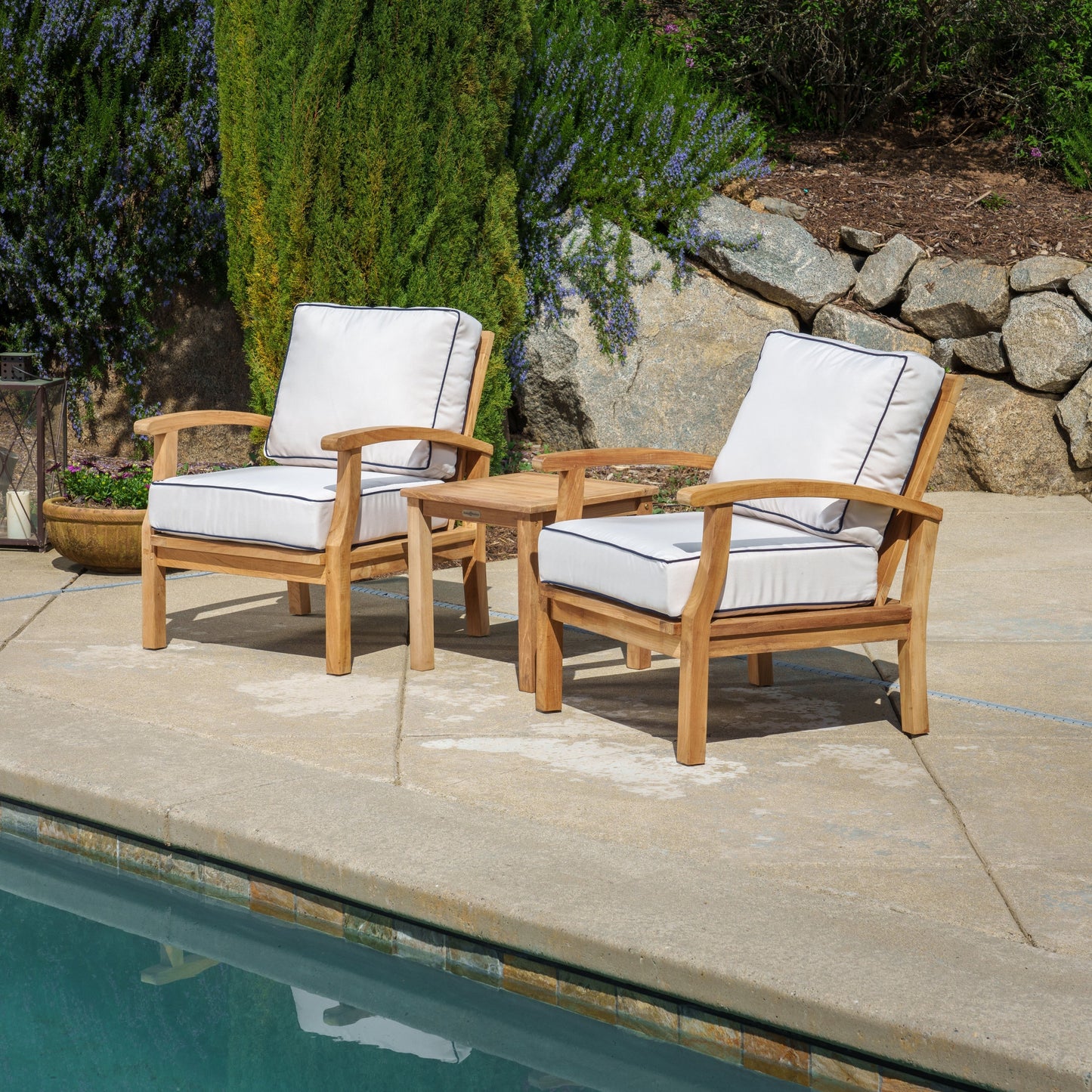 Set di 3 poltrone da club in teak indonesiano con cuscini Sunbrella