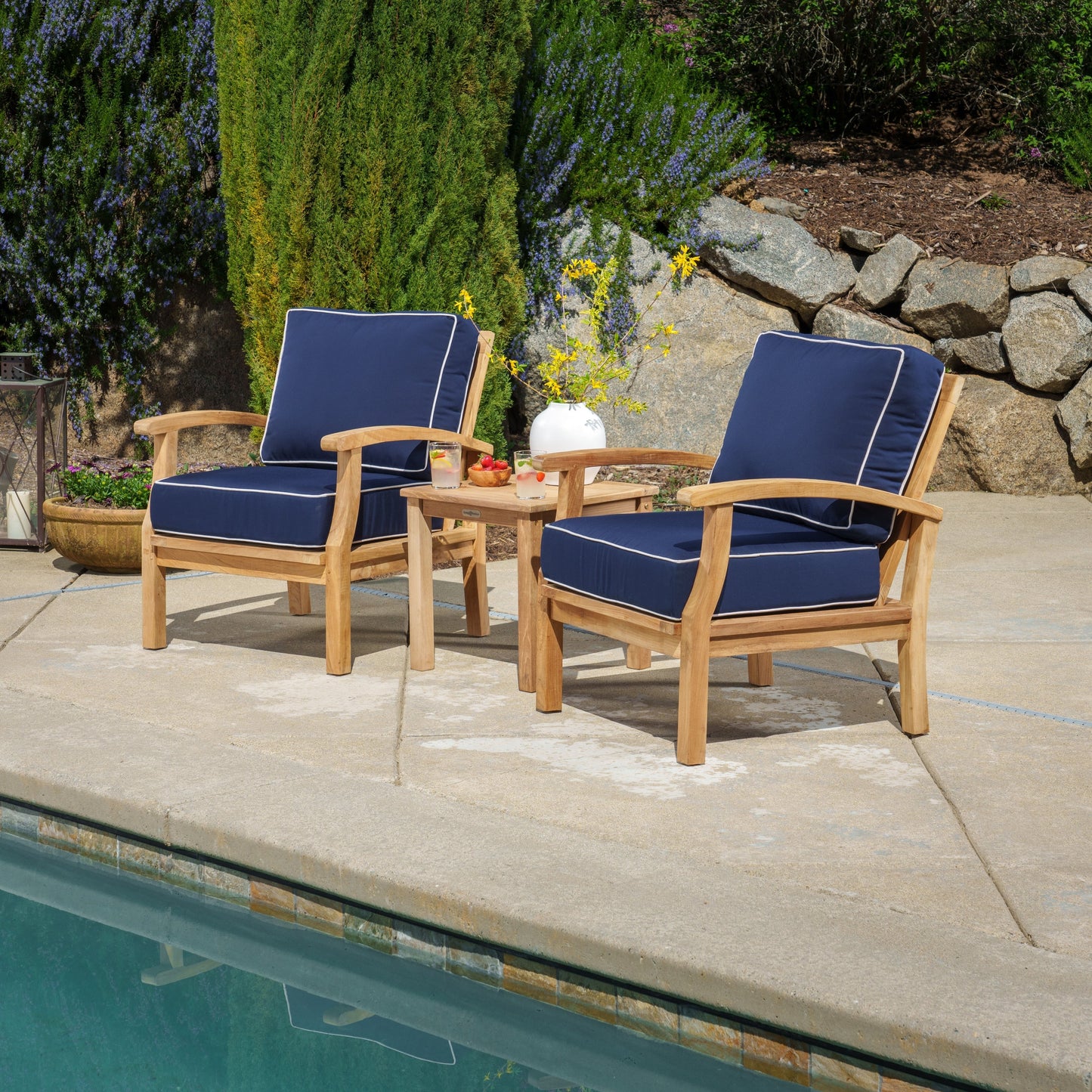 Set di 3 poltrone da club in teak indonesiano con cuscini Sunbrella