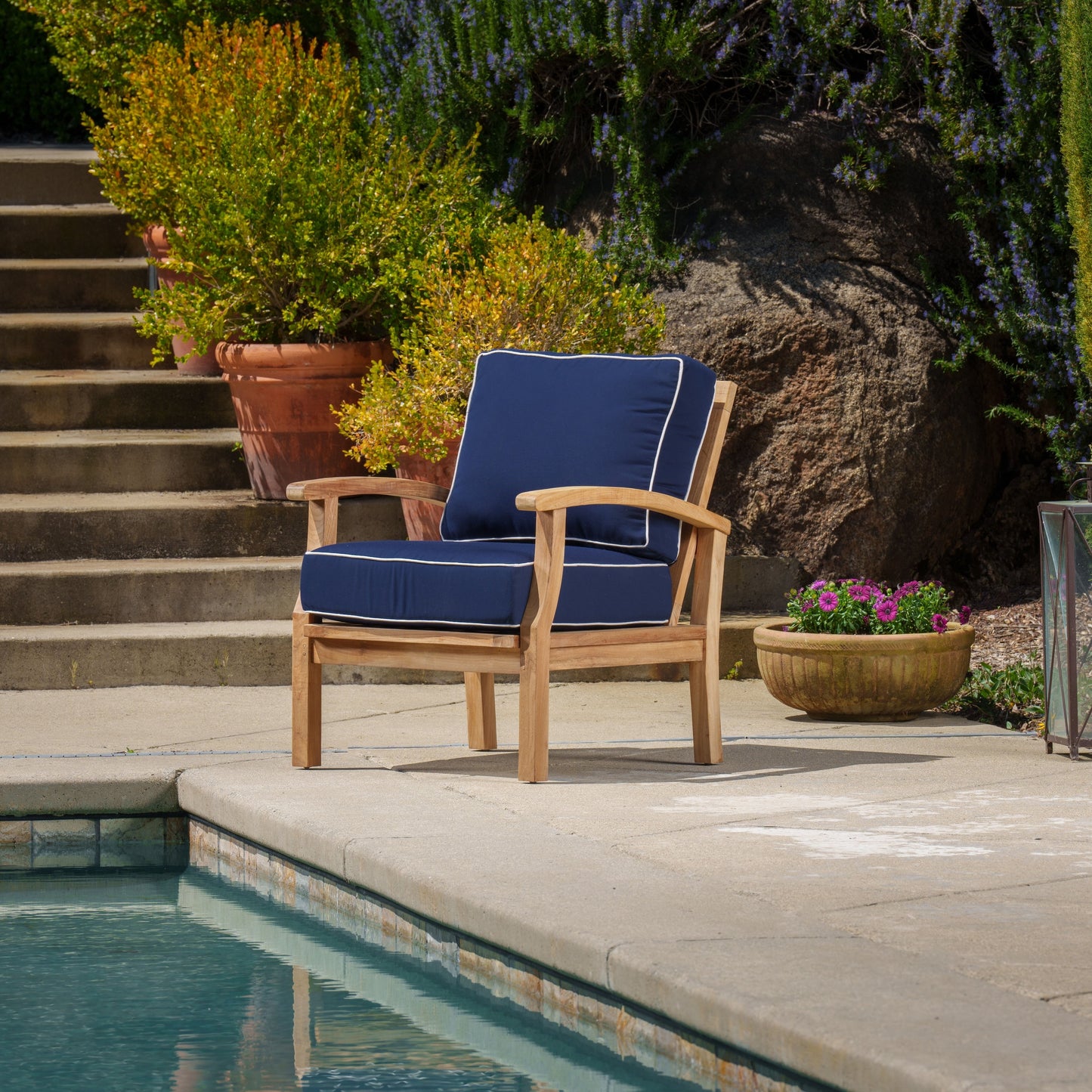 Set di 3 poltrone da club in teak indonesiano con cuscini Sunbrella