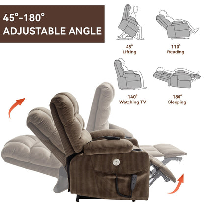 Poltrona reclinabile con doppio motore e meccanismo di sollevamento elettrico a posizioni infinite, con massaggio, calore, portabicchieri e tasche laterali