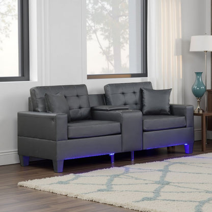 Divano Iris con LED, porte USB, portabicchieri, similpelle nera, 85 pollici