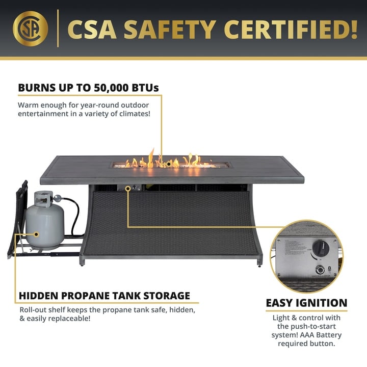 Kinger Home Isla Rattan Set da patio da 7 pezzi con tavolo per braciere a propano - 76 pollici