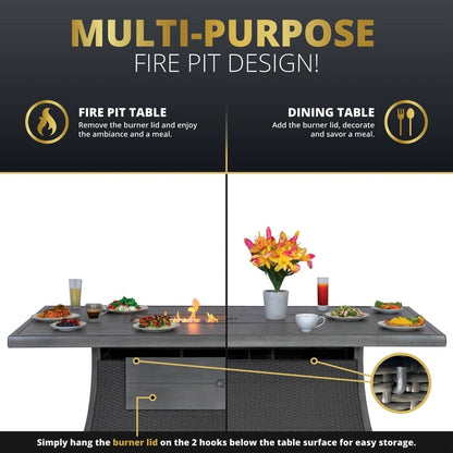 Kinger Home Isla Rattan Set da patio da 7 pezzi con tavolo per braciere a propano - 76 pollici