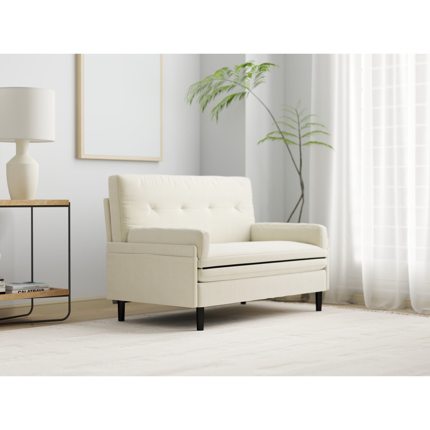 Divano a due posti regolabile in velluto a coste avorio e letto per gli ospiti