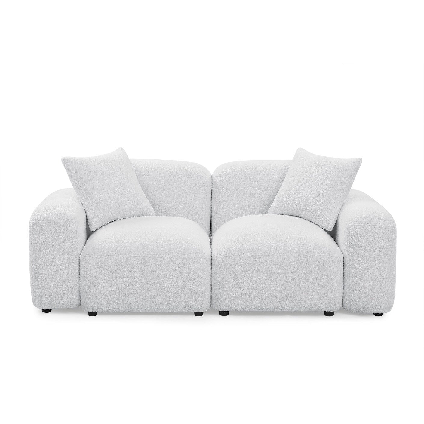 Divano componibile in poliestere color avorio con struttura in legno massello e gambe in plastica nera per soggiorno