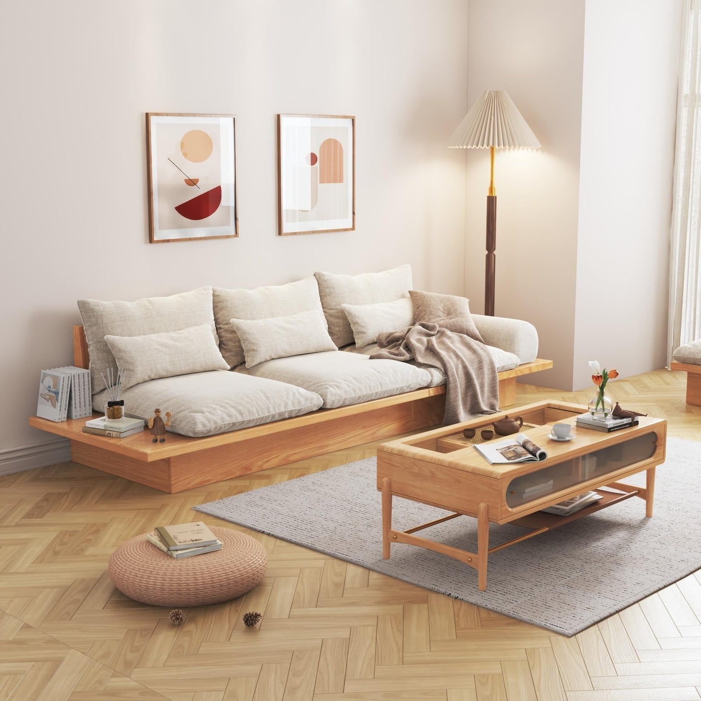 Divano JASIWAY in cotone beige con struttura in legno