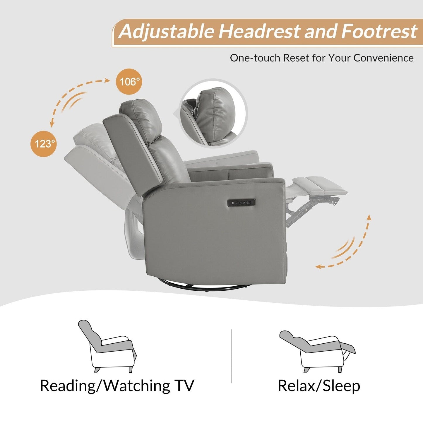 Poltrona reclinabile girevole a dondolo elettrica Jaime Modern in vera pelle con poggiatesta e poggiapiedi regolabili, set da 2 di HULALA HOME