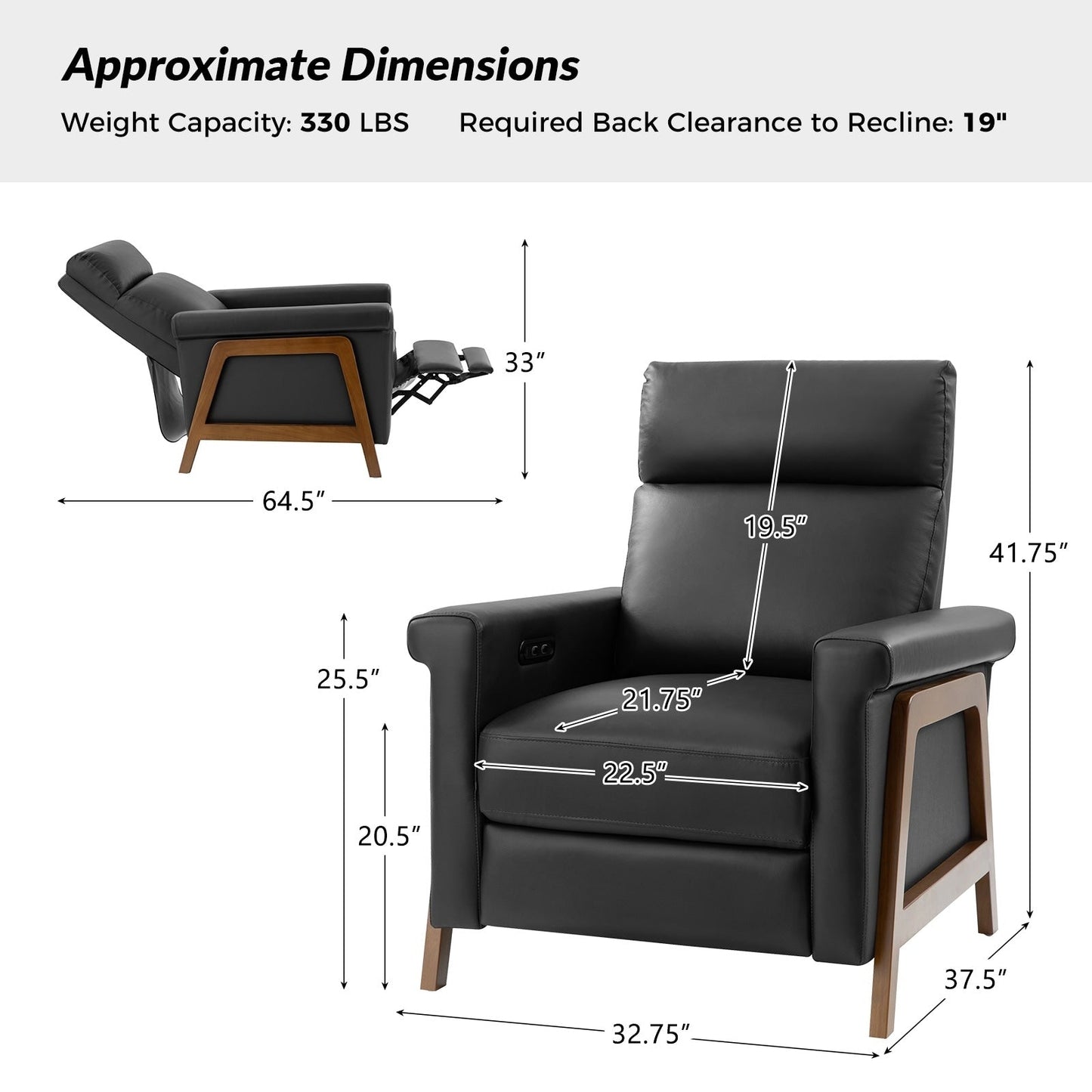 Poltrona reclinabile elettrica moderna Jaime in vera pelle con porte USB integrate, set da 2 di HULALA HOME