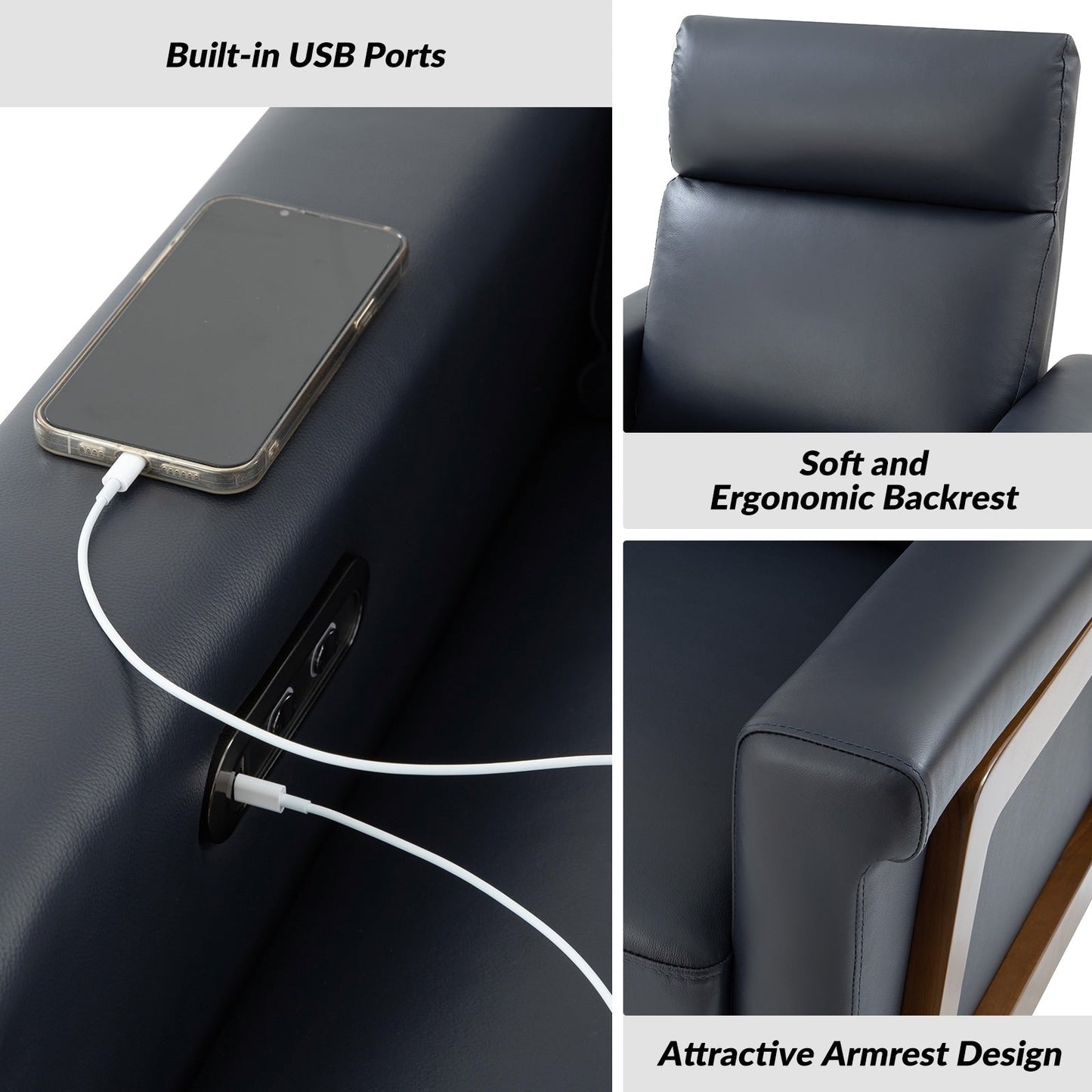 Poltrona reclinabile elettrica moderna Jaime in vera pelle con porte USB integrate, set da 2 di HULALA HOME